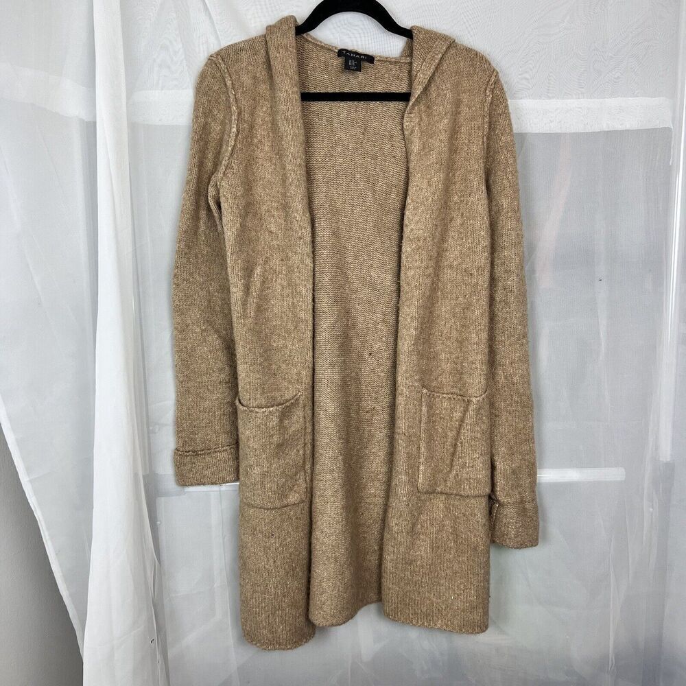 Tahari wool blend hooded open cardigan sweater XS oversized pockets cozy teddy
